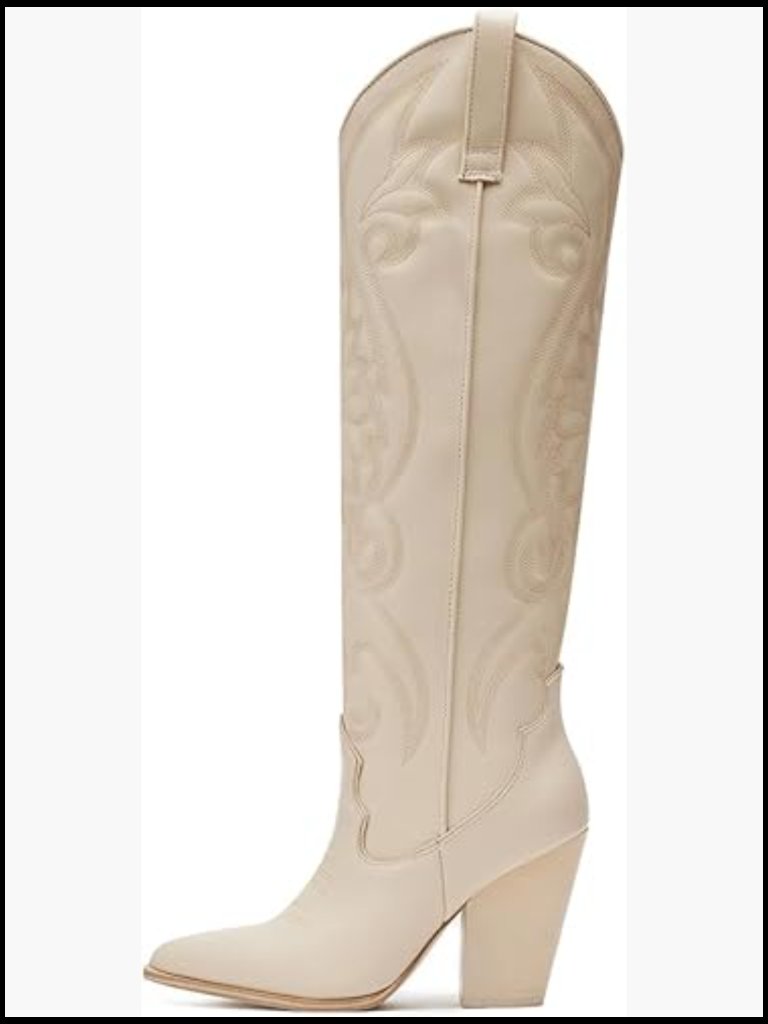 Cowboy Boots Pointed Toe Chunky Heels Pull-On Embroidered Wide Calf Cowgirl